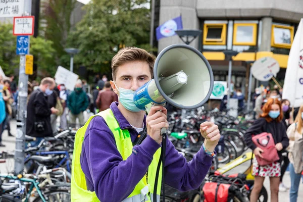Young Man Speaking Megaphone Fridays Future Climate Change Rally Gottingen — Stock Photo, Image