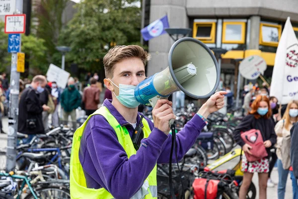 Young Man Speaking Megaphone Fridays Future Climate Change Rally Gottingen — Stock Photo, Image