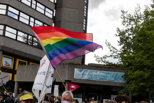 Gottingen Germany Autumn 2020 Rainbow Flag Waving Street March Protest — Stock Photo, Image