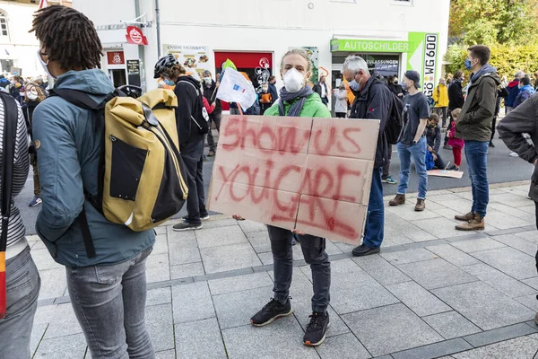 Gottingen Germany Autumn 2020 Fridays Future Young Man Holding Sign — Stock Photo, Image