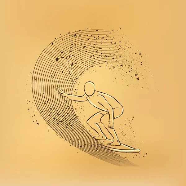 Surfer under the wave. Vector retro illustration on old paper. — Stock Vector