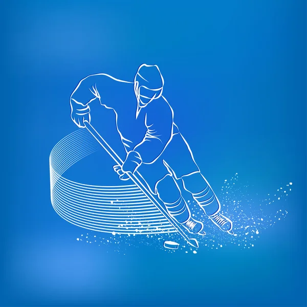 Hockeyspieler rast mit dem Puck und einem Stock. Sportlicher Hintergrund — Stockvektor