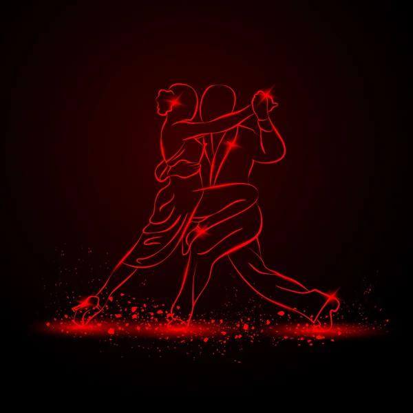 Couple dancing tango. Vector red neon illustration. — Stock Vector