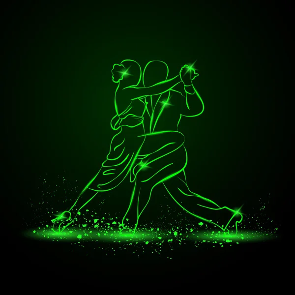 Couple dancing tango. Vector green neon illustration. — Stock Vector