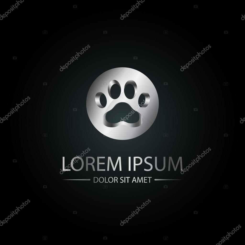 Silver paw logo. Vector 3D icon paw pet print in a metal circle.