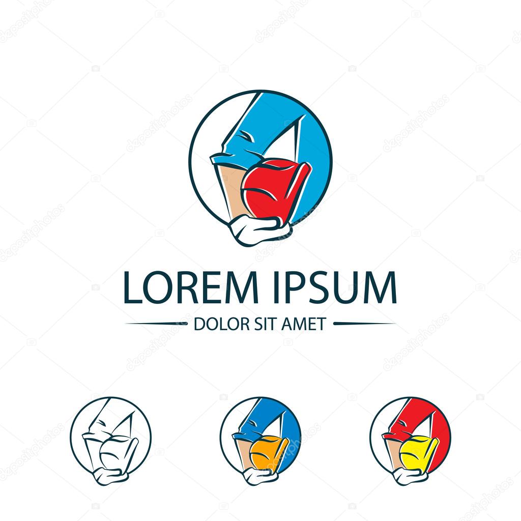 Builder with helmet logo. Vector line illustration for the construction company.