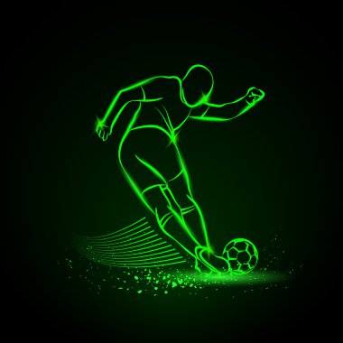 Futbol oyuncusu tarafından zor tekme. Vektör neon çizim.