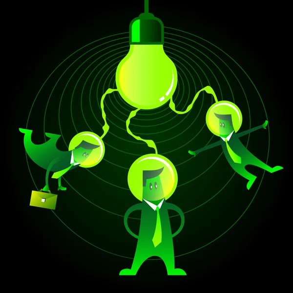 Tři zelené kanceláře mužů s skafandru na jejich hlavy připojen k žárovce. Týmová práce a jeden nápad pro nováčky. — Stockový vektor