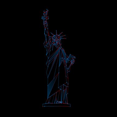 Poligonal kafes Anıtı illüstrasyon. Bağımsızlık günü arka plan ile New York'ta bir anıt. Vektör düşük Poli neon mavi ve kırmızı çizgiler ve noktalar.