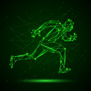 Çokgen kafes siluet çalışan adam. Çizgiler ve noktalar vektör düşük Poli neon yeşili yapısı. Poligonal spor arka plan.