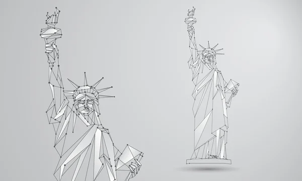 Imagem da Estátua da Liberdade. Malha poligonal Dia da Independência fundo com um monumento em Nova York. Vetor baixo poli linhas pretas e pontos . — Vetor de Stock