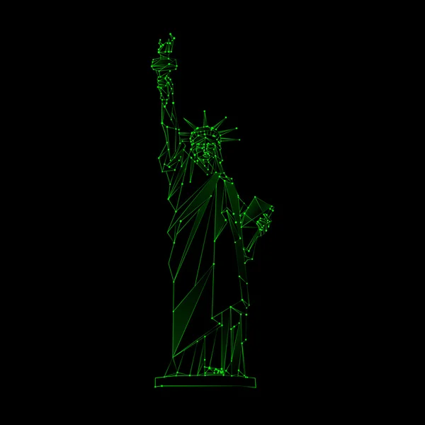 Neon groene veelhoekige mesh Statue of Liberty illustratie. Onafhankelijkheidsdag achtergrond met een monument in New York City. Vector laag poly lijnen en punten. — Stockvector