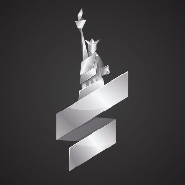 Özgürlük Anıtı'nın illüstrasyon soyut origami. New York'ta vektör gümüş poligonal heykeli. Bağımsızlık günü arka plan şerit ile metal origami. Dört Temmuz şablonu için tebrik kartı.