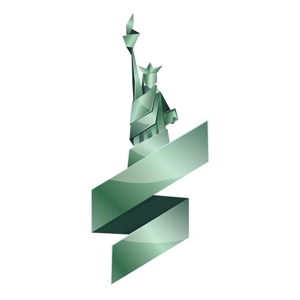 抽象的な折り紙自由の女神像の図。ニューヨークで緑ベクトル多角形の像。金属折り紙リボンと独立記念日の背景。7 月 4 日のグリーティング カードのテンプレート. — ストックベクタ