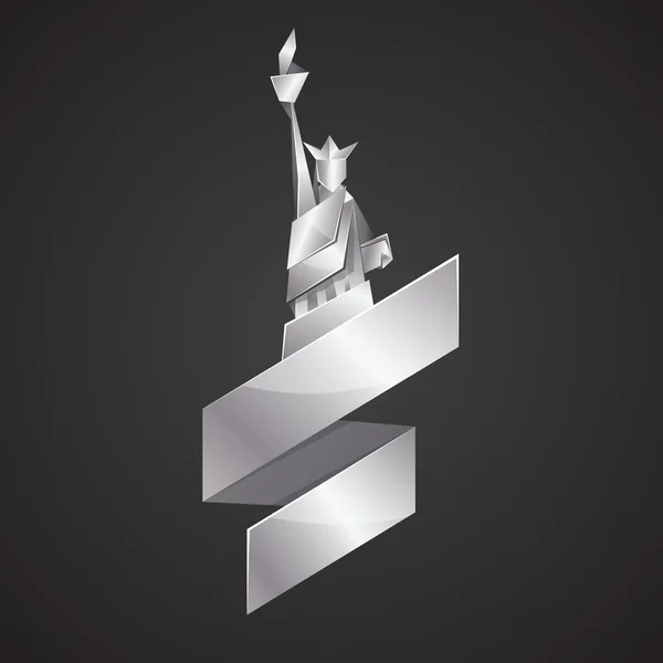 抽象的な折り紙自由の女神像の図。ニューヨークで銀ベクトル多角形の像。金属折り紙リボンと独立記念日の背景。7 月 4 日のグリーティング カードのテンプレート. — ストックベクタ