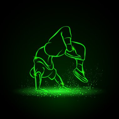 Komplike bir ters parende yapıyor. Adam hip hop tarzı dans ediyor. Dansçı vektör neon resimde siyah bir zemin üzerine.