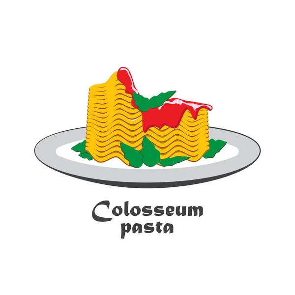 Ζυμαρικά σε ένα πιάτο που μοιάζει με ένα Κολοσσαίο. Ιταλικό εστιατόριο λογότυπο πρότυπο. — Διανυσματικό Αρχείο