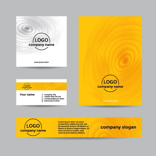 Ensemble corporatif en bois jaune de carte de visite, couverture et bannière. Fond vectoriel abstrait pour la marque d'entreprise avec texture en bois . — Image vectorielle