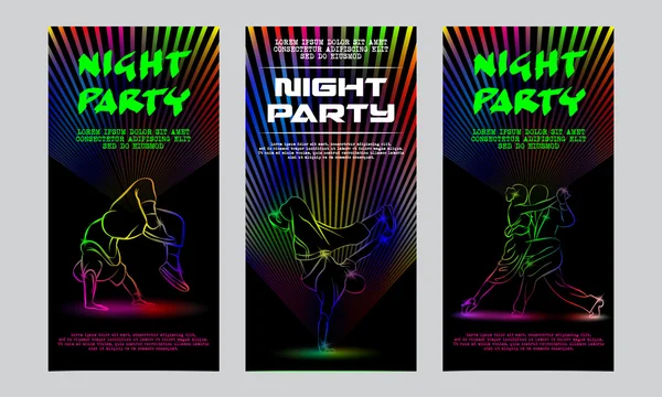 Vector neon set of flyers for the night party. Template invitation to a disco. Glowing silhouettes of people dancing. — Stock Vector