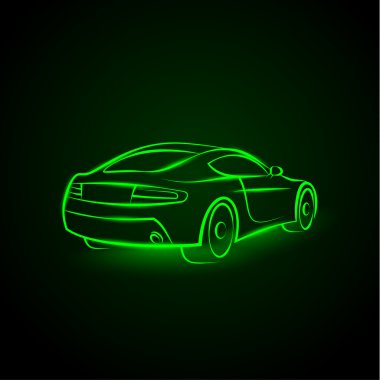 Vektör kırmızı neon araba. Doğrusal otomatik resimde siyah bir zemin üzerine.