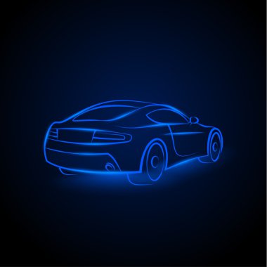 Vektör kırmızı neon araba. Doğrusal otomatik resimde siyah bir zemin üzerine.