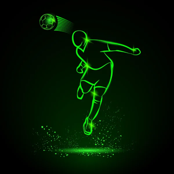 Grüne Neon-Illustration eines Fußballers, der den Ball am Kopf trifft. Vektor-Silhouette eines Fußballers im Sprung und Fußball. Sportlicher Hintergrund. — Stockvektor