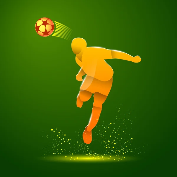 Abstract illustration of soccer player that hits the ball by his head. Vector yellow silhouette of a footballer in the jump and soccer ball on a green background. — Stock Vector