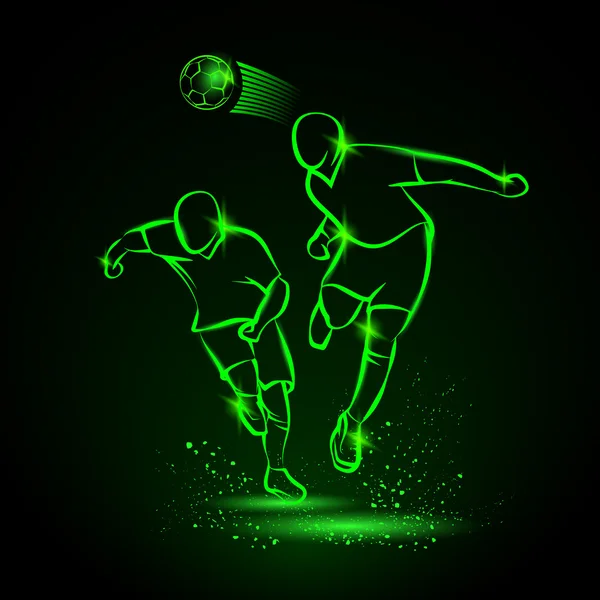 Deux footballeurs qui se battent pour le ballon. Illustration au néon vert du footballeur qui frappe le ballon par la tête. Contexte énergétique du sport . — Image vectorielle