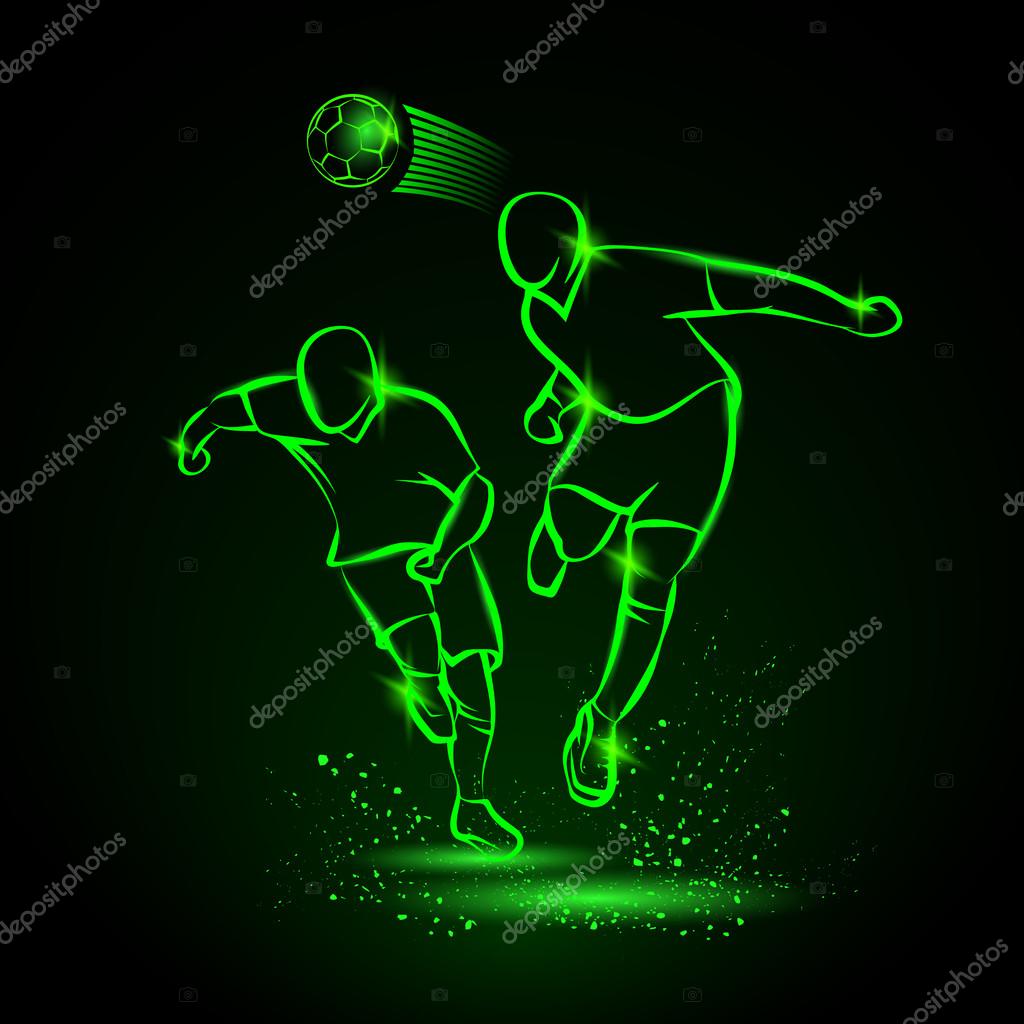 Two football players fighting for the ball. Green neon illustration of  soccer player that hitting the ball by his head. Sport energy background.  Stock Vector by ©Leo_Troyanski 120954128