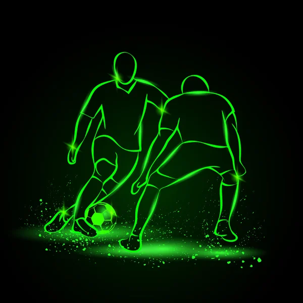 Two soccer players fighting for the ball. Forward and defender playing football. Sport vector neon illustration. — Stock Vector