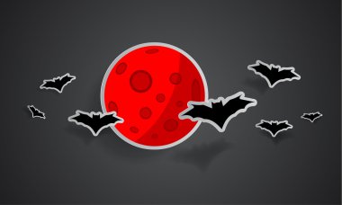 Mutlu Cadılar Bayramı arka plan. Yarasalar kırmızı ay arka plan üzerinde. Siyah siluet etiket illüstrasyon Cadılar Bayramı.