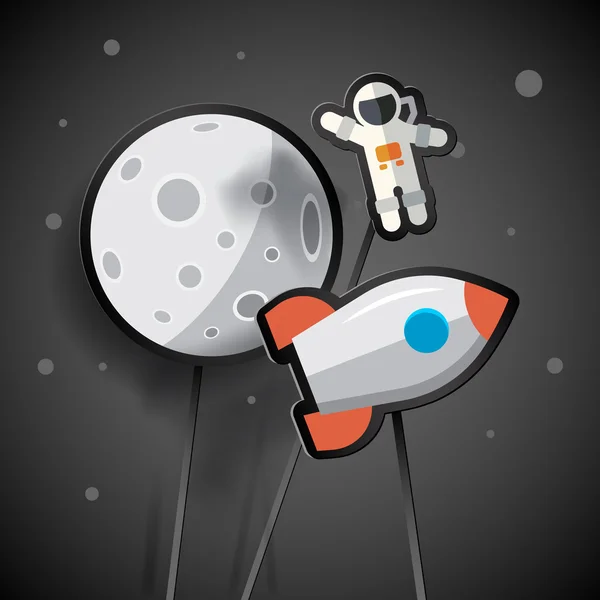 Astronaut, Rakete und Mond auf schwarzem Hintergrund. Aufkleber zum Weltraum-Thema auf Sticks. — Stockvektor