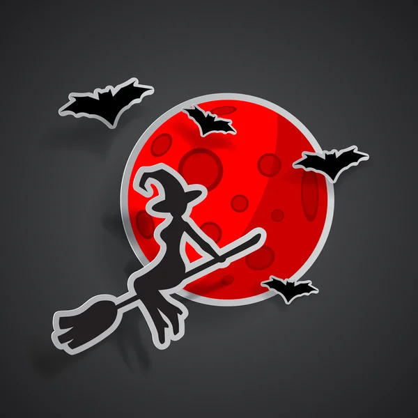 Feliz Dia das Bruxas. Bruxa e morcegos num fundo de lua vermelha. silhueta preta adesivo ilustração de halloween . —  Vetores de Stock