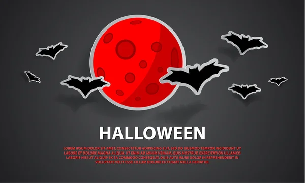 Feliz Dia das Bruxas. Morcegos no fundo da lua vermelha. silhueta preta etiqueta ilustração de halloween. Modelo cartão de saudação com texto . —  Vetores de Stock