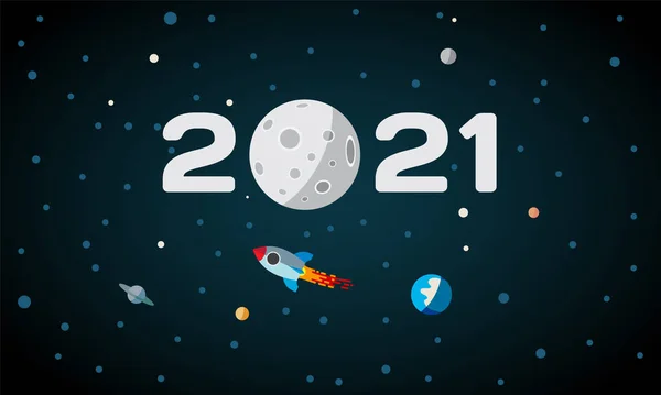 2021 texto no espaço com lua na tipografia. Fundo de Ano Novo com planeta plano Terra, Lua e foguete no espaço. —  Vetores de Stock