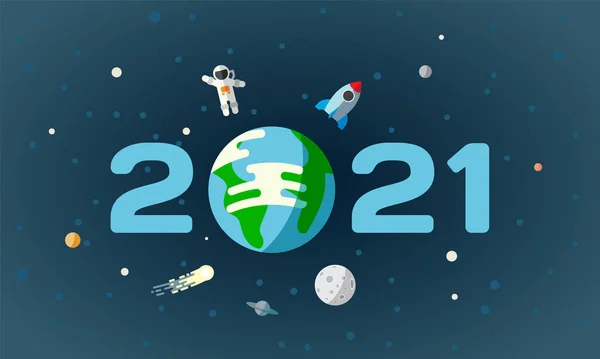 지구가 우주에 있는 2021 개의 텍스트. 신년 평평 한 우주 공간에서 행성 지구와 달과 함께. — 스톡 벡터