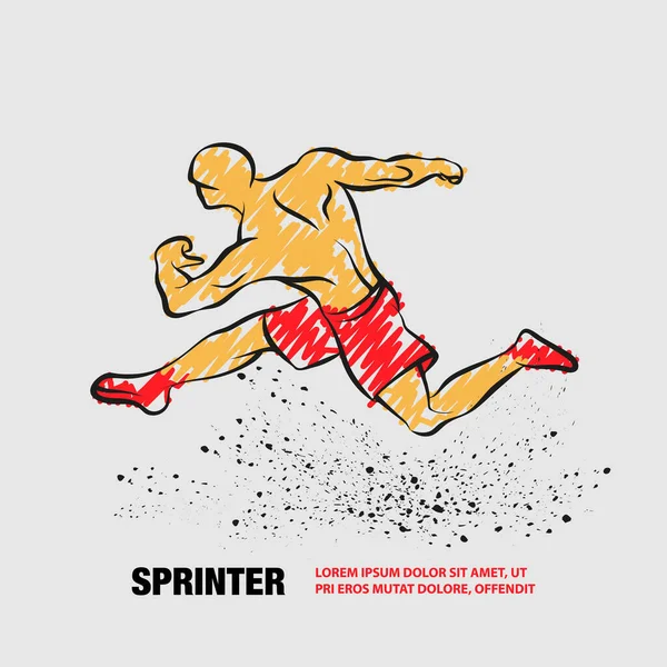 Сильный бегун. Векторный контур бегущего спортсмена с каракулями в стиле рисования. — стоковый вектор