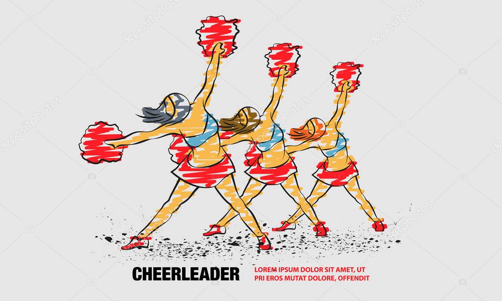Group of cheerleaders dances with pom poms. Vector outline of sport dance with scribble doodles style drawing.