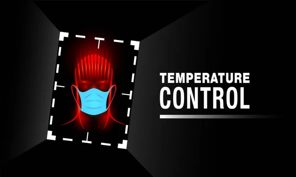 Banner automático de control de temperatura. Cabeza humana de neón en máscara médica y marco de seguimiento digital. — Vector de stock