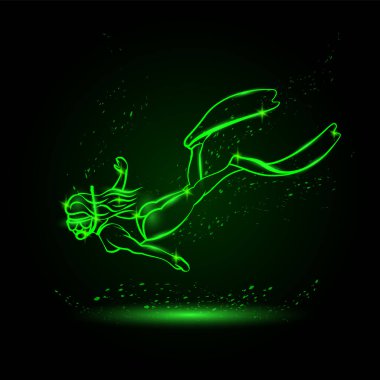 Neon parlak dalgıç kız sualtı boşluğunda doğrusal siluet. Genç kız suyun altında şnorkel.