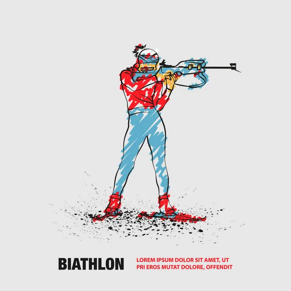 Biathlonmädchen schießen in der Stehposition. Vektor skizziert Biathlonski-Illustration mit Kritzeleien im Stil einer Zeichnung. — Stockvektor