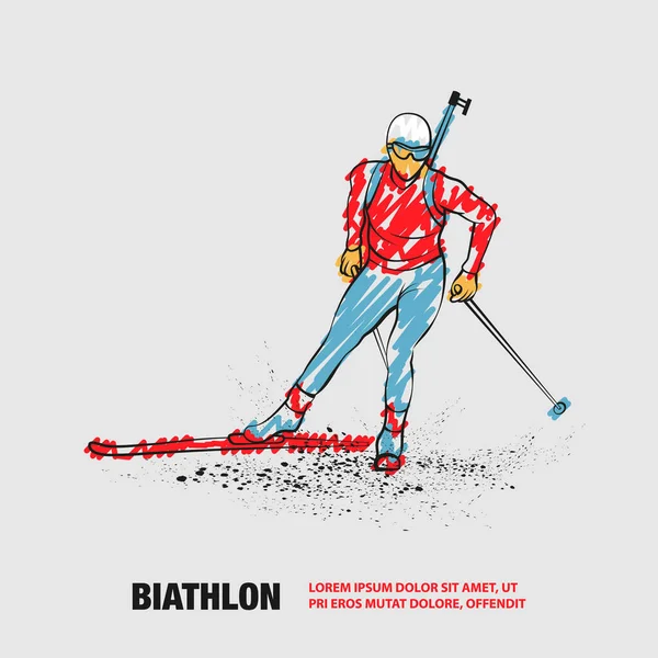 Gadis Biathlon pemain ski siluet linear. Vektor outline biathlon ski ilustrasi dengan coretan corat-coret gaya menggambar. - Stok Vektor