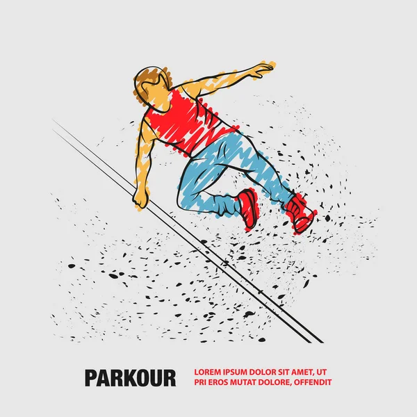 Parkour man přeskočil překážku. Vektorový obrys Parkour s kresbou ve stylu čmáranice. — Stockový vektor