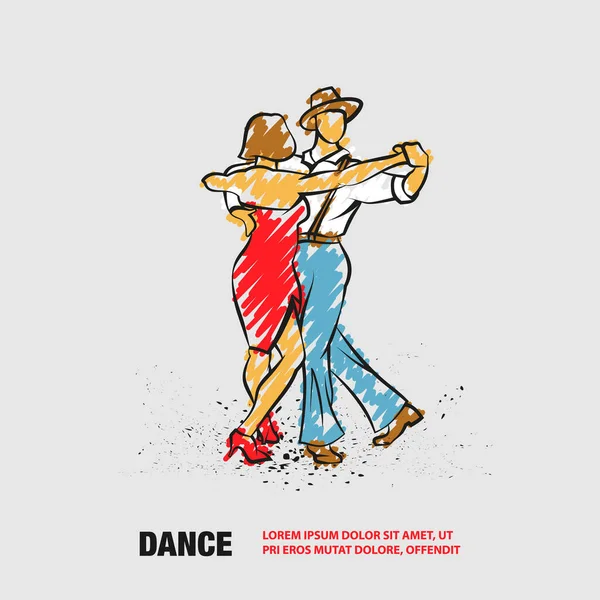 二人でxtrotを踊る。ベクトルアウトラインスクリブル・ドールズ・スタイルのダンス・イラスト. — ストックベクタ