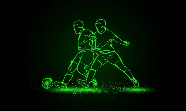 Zwei Fußballer kämpfen um einen Ball. Grüne Neon-Silhouette eines Stürmers und Verteidigers auf schwarzem Hintergrund. — Stockvektor