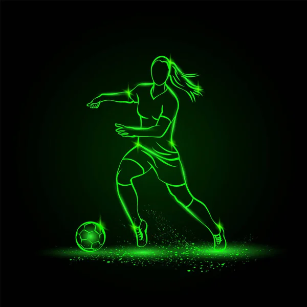 Kadın futbolcu topla salya akıtıyor. Vektör Futbol sporu yeşil neon illüstrasyon. — Stok Vektör