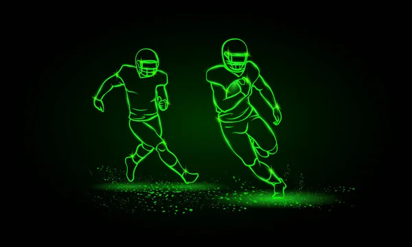 American-Football-Spieler. Ausreißer mit Ball und der Fangspieler dahinter. Grüne Neon American Football Sport Vektor Illustration. — Stockvektor