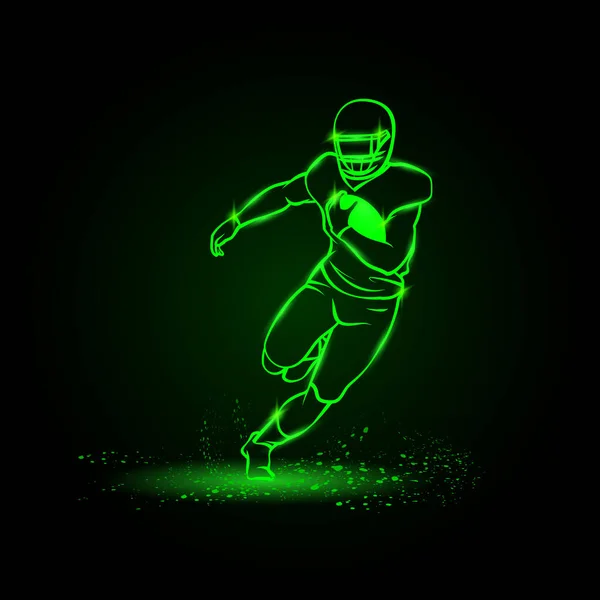 O jogador de futebol americano foge com a bola. Green Neon Futebol americano Vetor Esportivo Ilustração. — Vetor de Stock