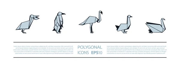 Polygonale Vögel Linear Icons Set vorhanden. Low Poly Wasservögel Symbol für Banner wie Pelikan, Pinguin, Flamingo und Schwan. — Stockvektor