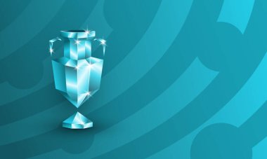 Futbol yarışması için çokgen futbol kupası logosu. Fotokopi alanı olan mavi arka planda düşük polimerli futbol kupası